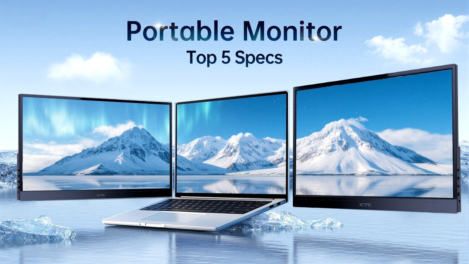 A stunning mobile workstation setup featuring a laptop and two portable monitors, all displaying a vibrant Aurora Borealis over snowy mountains on a reflective, icy surface