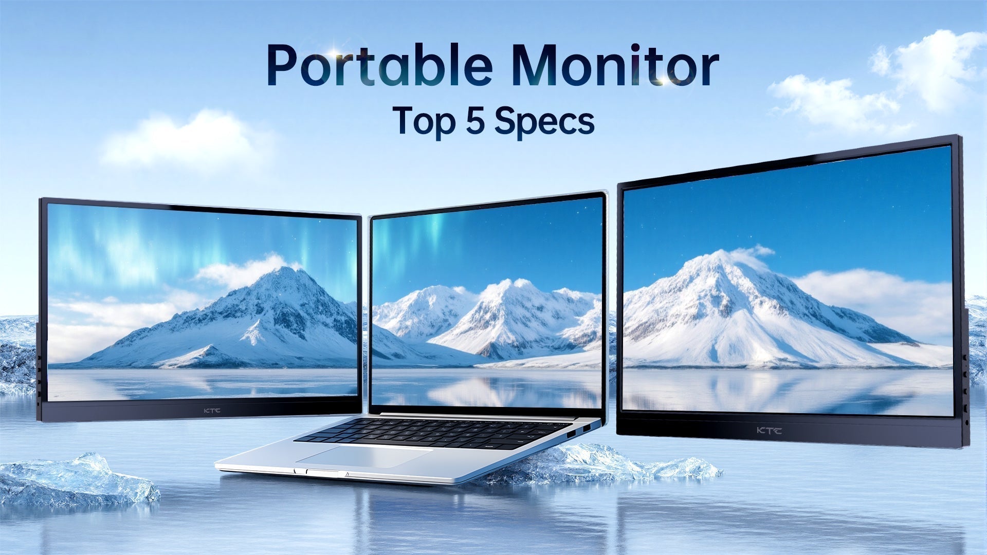 A stunning mobile workstation setup featuring a laptop and two portable monitors, all displaying a vibrant Aurora Borealis over snowy mountains on a reflective, icy surface